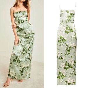 NWOT Reformation Frankie Silk Dress in Tea Garden (Green Floral Print) size 6